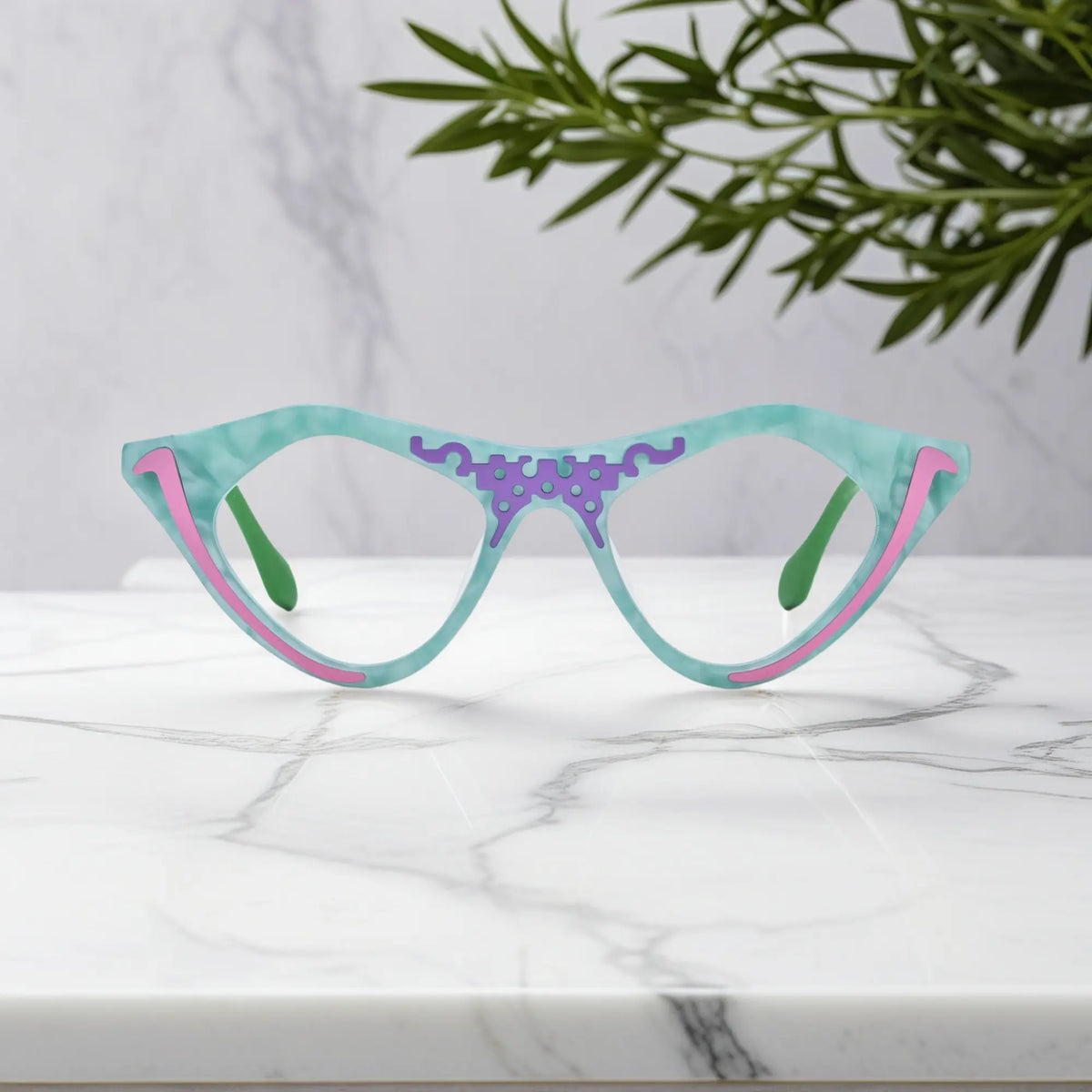 Mint Sorbet VoyueLens pixel cat-eye glasses front view in fresh pale green tones