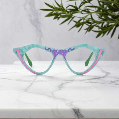 Mint Sorbet VoyueLens pixel cat-eye glasses front view in fresh pale green tones