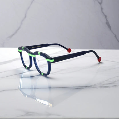 Side view of VoyueLens VL19363 Navy Bolt matte navy eyeglasses with green accents and red tips