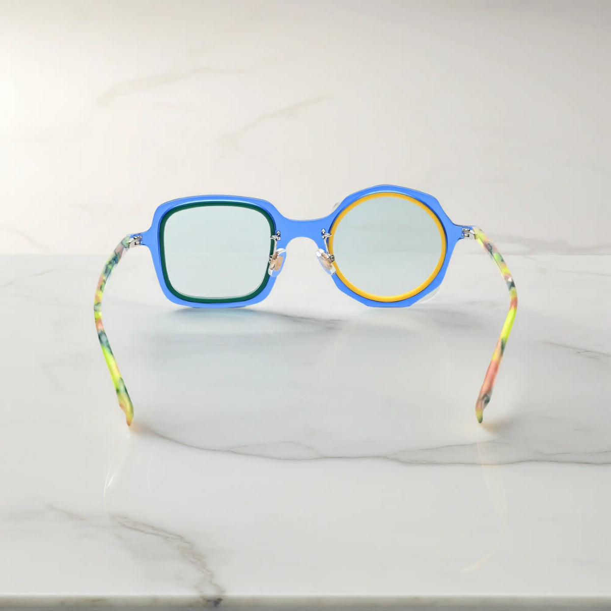 VoyueLens geometric eyeglasses in Navy Lemon color, rear view highlighting acetate structure and temple tips.