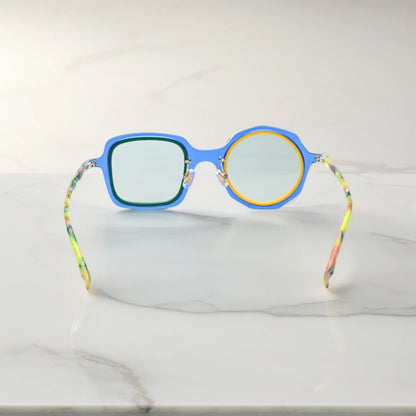 VoyueLens geometric eyeglasses in Navy Lemon color, rear view highlighting acetate structure and temple tips.