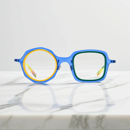 VoyueLens geometric eyeglasses in Navy Lemon color, shown in front view. Features acetate frame and silicone nose pads.