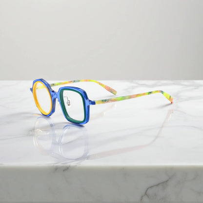 VoyueLens geometric eyeglasses in Navy Lemon color, side view showing dual-tone design and spring hinges.