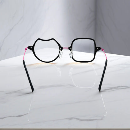 Back View of VoyueLens Neon Bloom stylish asymmetric eyeglasses VL185842-C6. Rear view displaying the acetate frame and the titanium temple connection structure.
