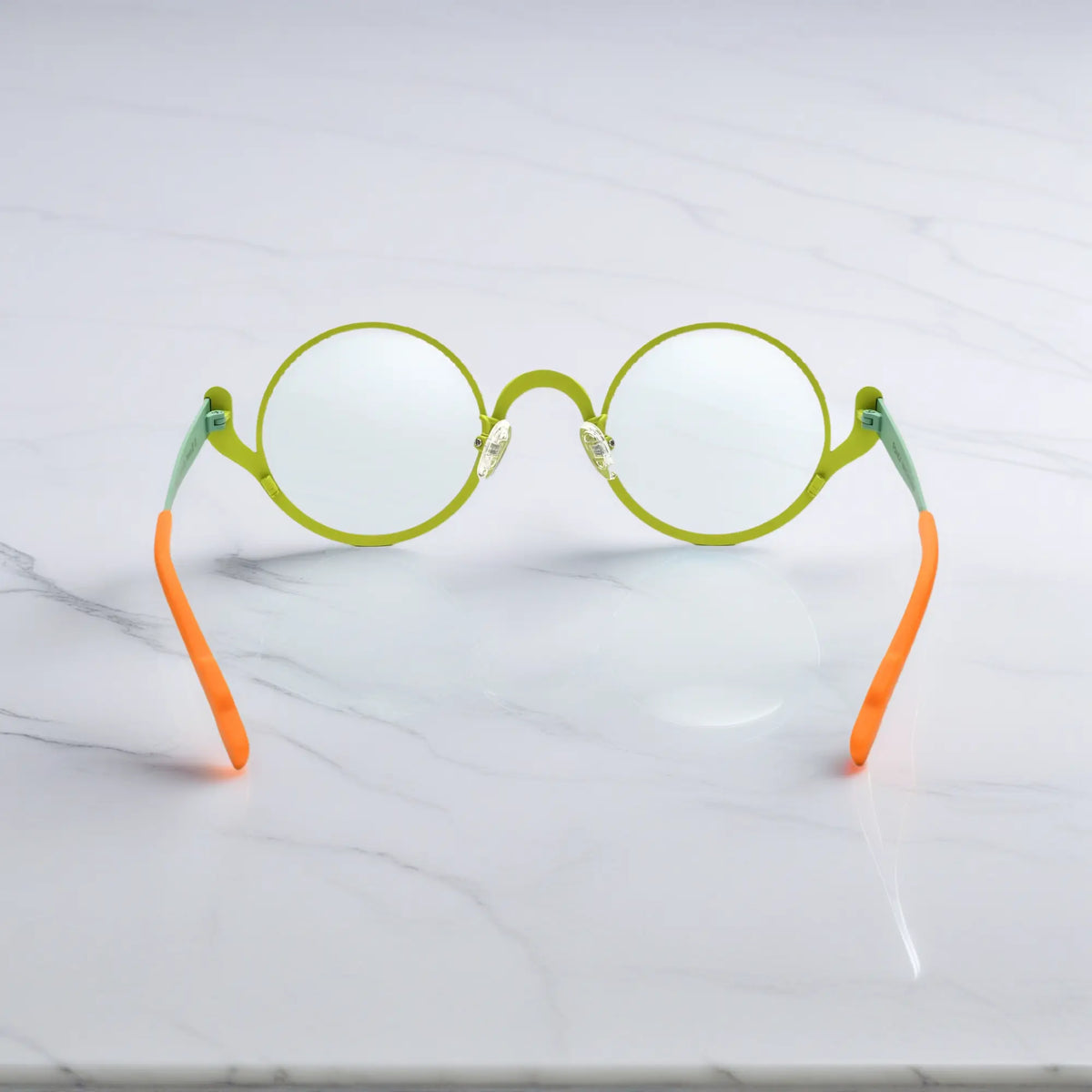 Rear view of Neon Grove round titanium glasses from VoyueLens – artistic color-block design