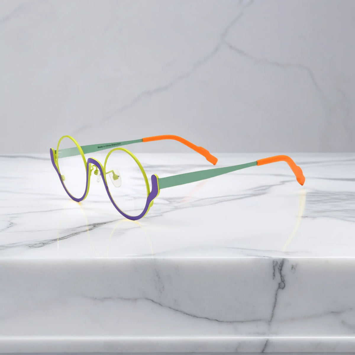 Side view of Neon Grove VoyueLens glasses – contrasting purple arms and nose bridge