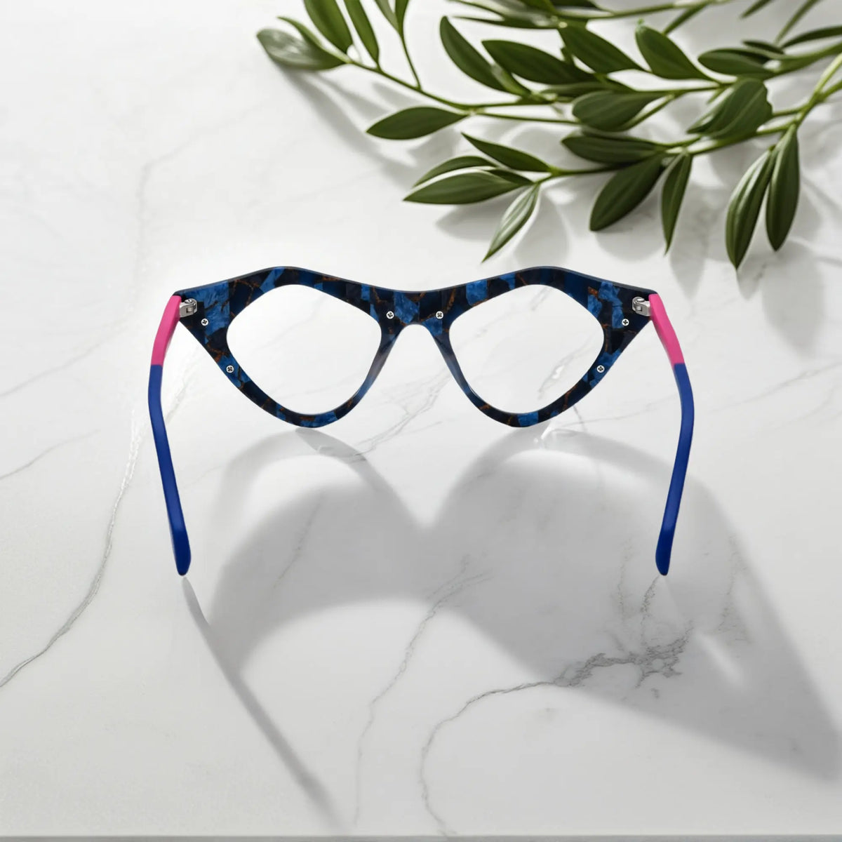 Rear view of Neon Pop VoyueLens pixel cat-eye eyewear with bold neon expression