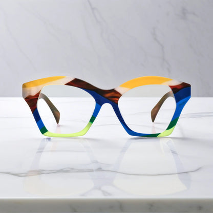 Front-facing view of VoyueLens Ocean Carnival eyeglasses in blue-green sea tone mosaic with matte acetate.
