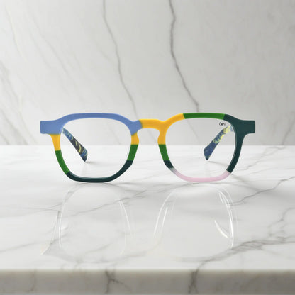 Front view of VoyueLens VL19358 Ocean Tortoiseshell acetate-eyewear, showcasing the bold square frame and vibrant colors.