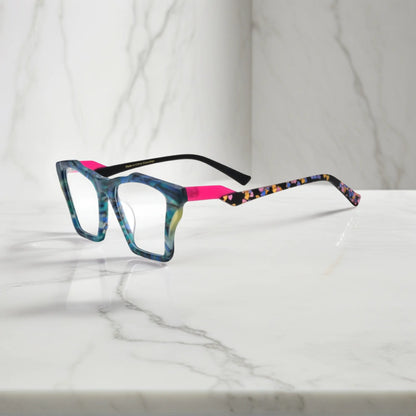 Side profile of VoyueLens Ocean Tortoiseshell glasses, highlighting matte teal and turquoise tortoiseshell finish and ergonomic acetate arms.