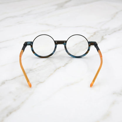 Back view of Ocean Tortoiseshell glasses with layered blue-black acetate blend and smooth curve finish.