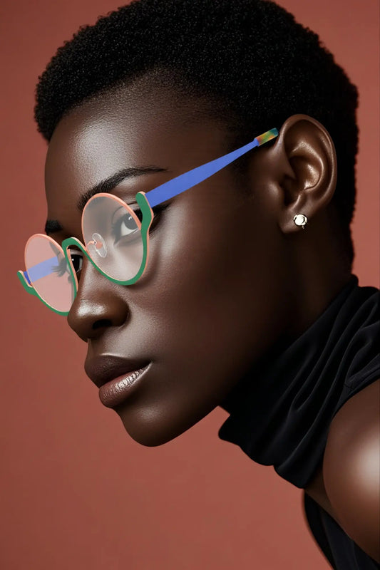 black model wearing VoyueLens ChromoPop glasses in Pastel Forest – playful and stylish look