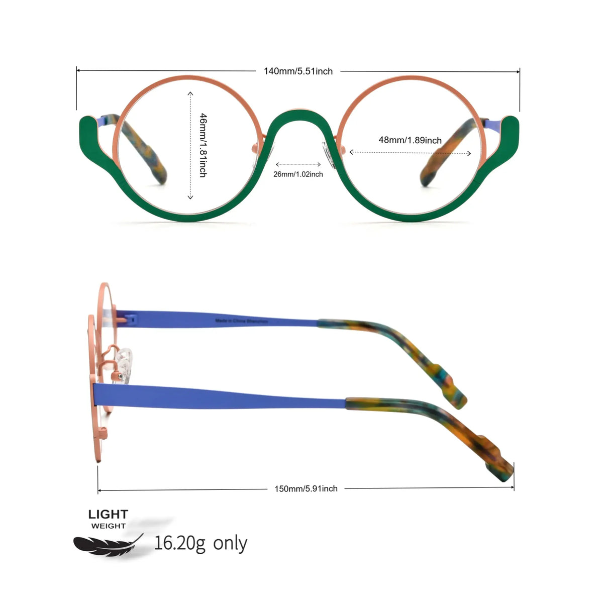 Dimensional diagram of Pastel Forest VoyueLens eyeglasses – round frame measurements