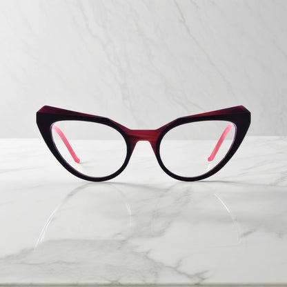 Front angle of VoyueLens Plum Velvet butterfly eyeglasses, showcasing a rich matte purple acetate frame with subtle elegance.