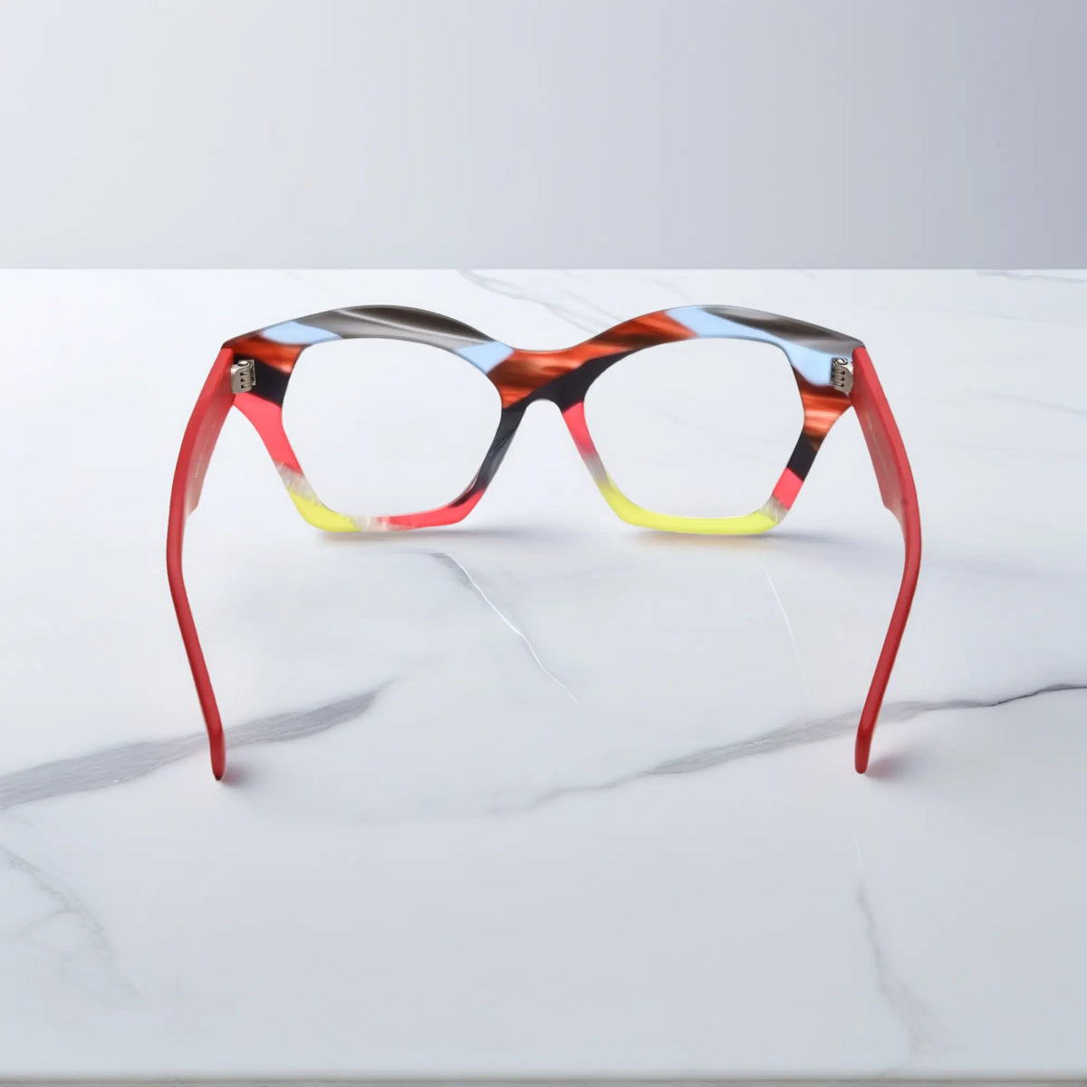 Backside of VoyueLens Rainbow Flame eyeglasses revealing contrast detail and integrated nose bridge.