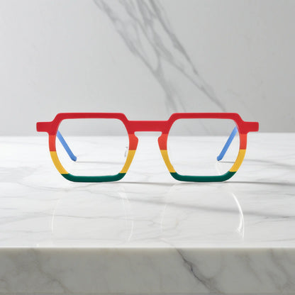 Front view of VoyueLens Rainbow Rush eyeglasses featuring a bold geometric frame and a vibrant rainbow color fade in matte acetate