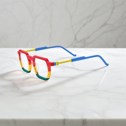 Side angle of VoyueLens Rainbow Rush statement frames with multi-color gradient detailing and sculpted acetate arms in tortoiseshell