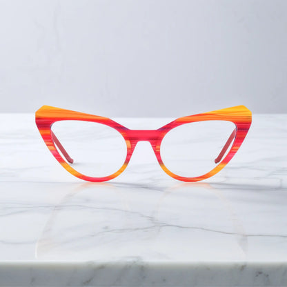 Front shot of VoyueLens Rainbow Stripe butterfly eyeglasses with vibrant multi-color striping and a wide cat-eye shape.