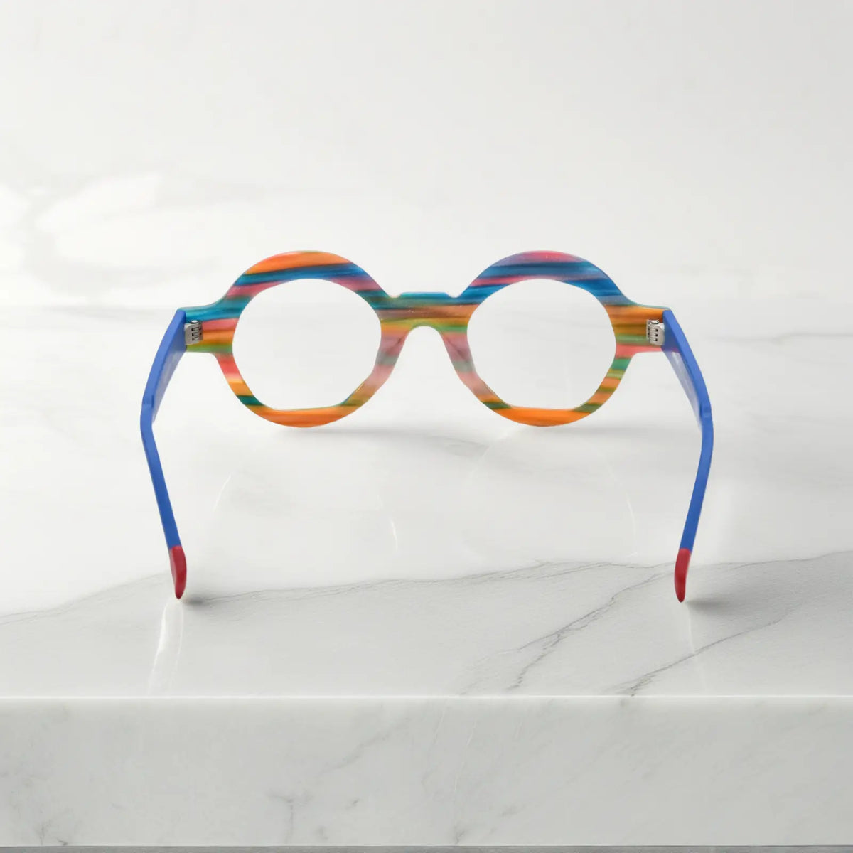 Rear angle of VoyueLens Rainbow Stripe polygon eyeglasses highlighting spring hinges and anti-slip matte-finished temple tips