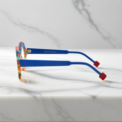 Side profile of Rainbow Stripe VoyueLens VL19355 glasses showing multi-color matte acetate temples and geometric polygon silhouette