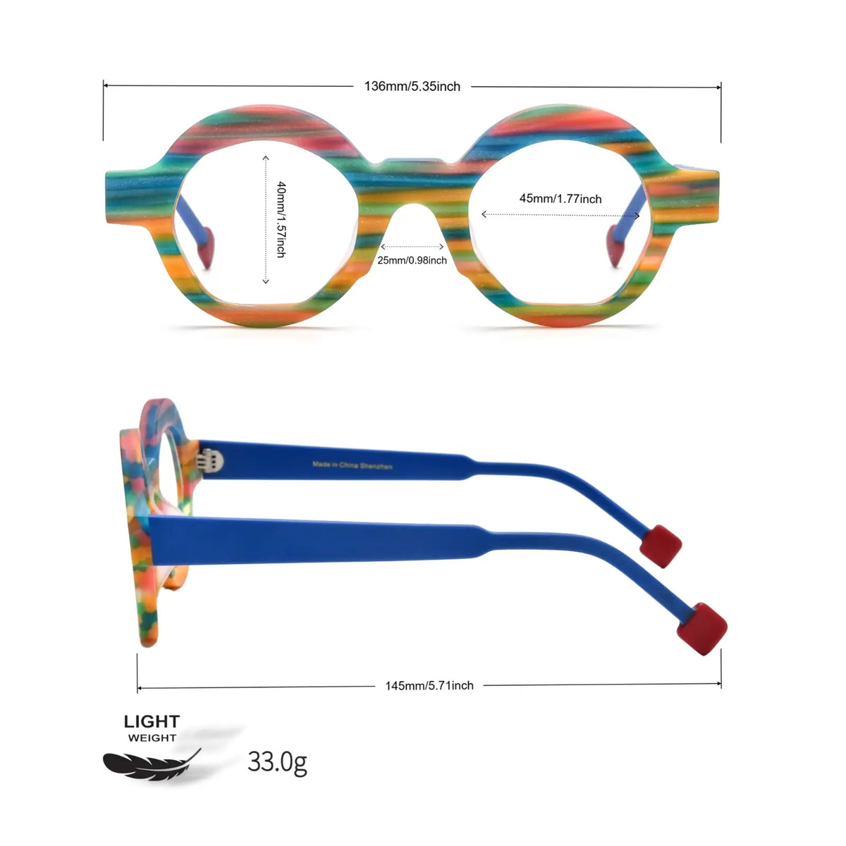 Detailed size chart of VoyueLens VL19355 Rainbow Stripe glasses, showcasing dimensions of the polygon frame and bridge fit
