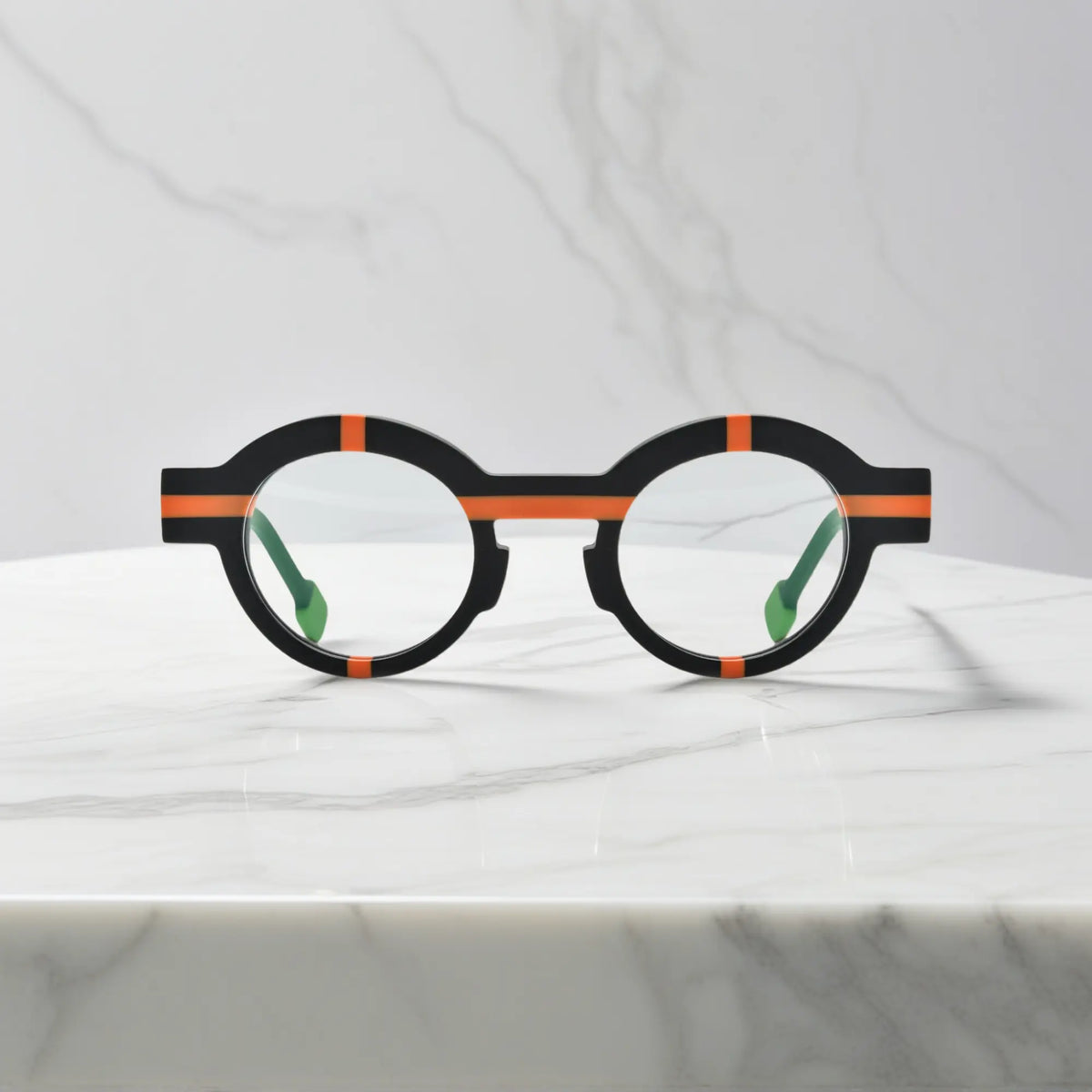 Front view of VoyueLens Retro Geometric Round Glasses in charcoal black, bold matte acetate frame design.