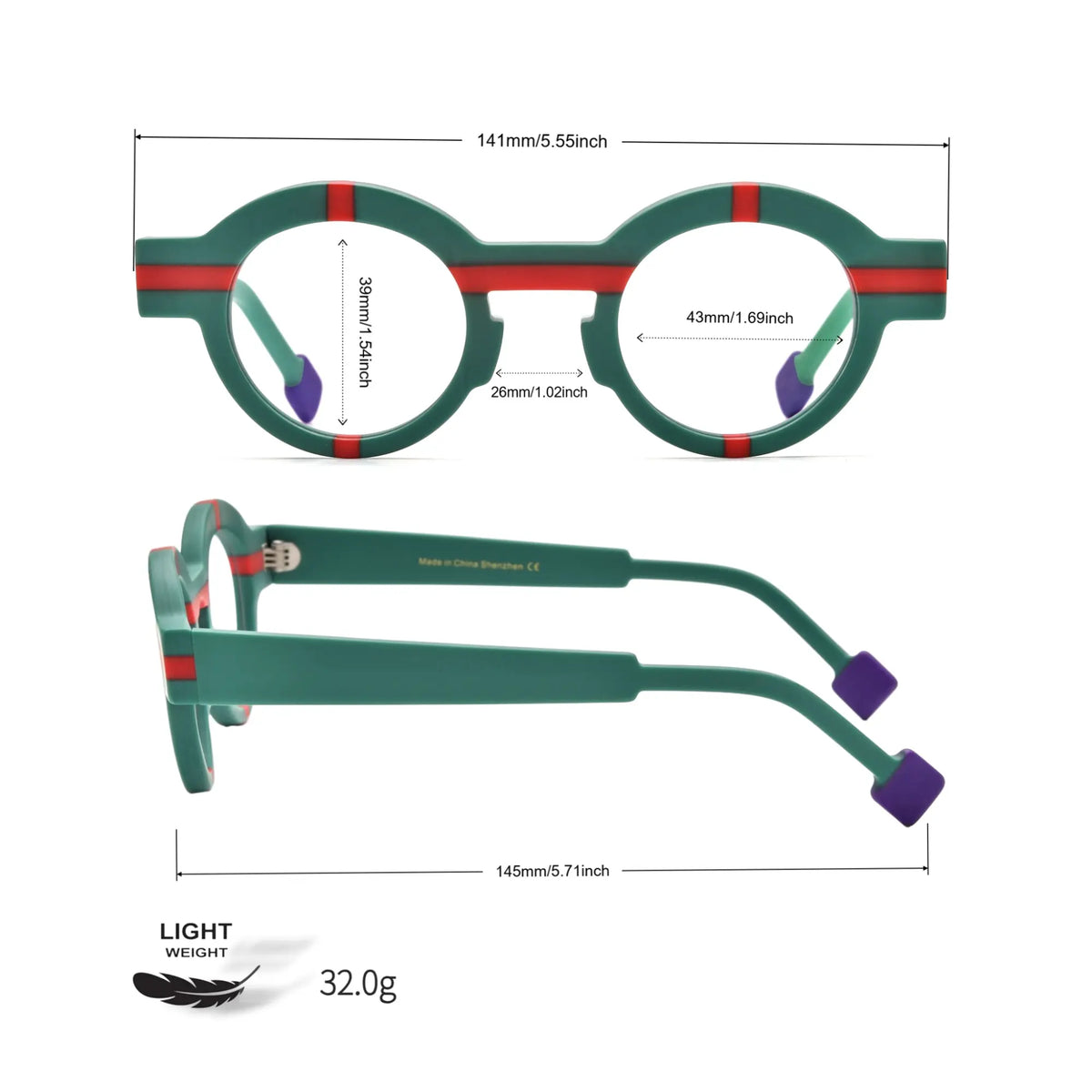 Measurement and weight details of VoyueLens Retro Geometric Round Glasses,showcasing frame width, lens height, and lightweight 32g acetate build.