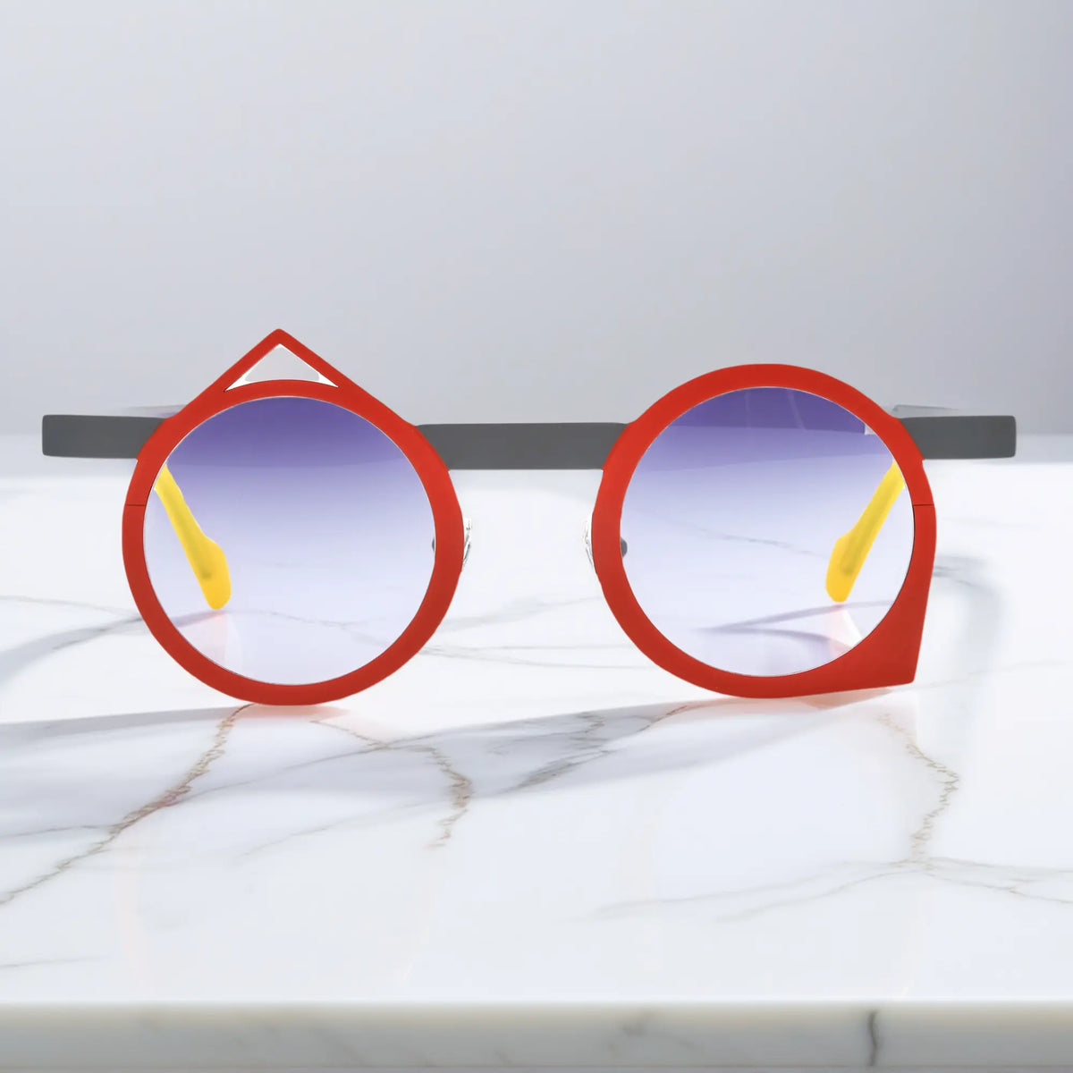 Front view of VoyueLens VL185801 Scarlet Slate eyeglasses with a bold red-grey titanium frame in geometric style.