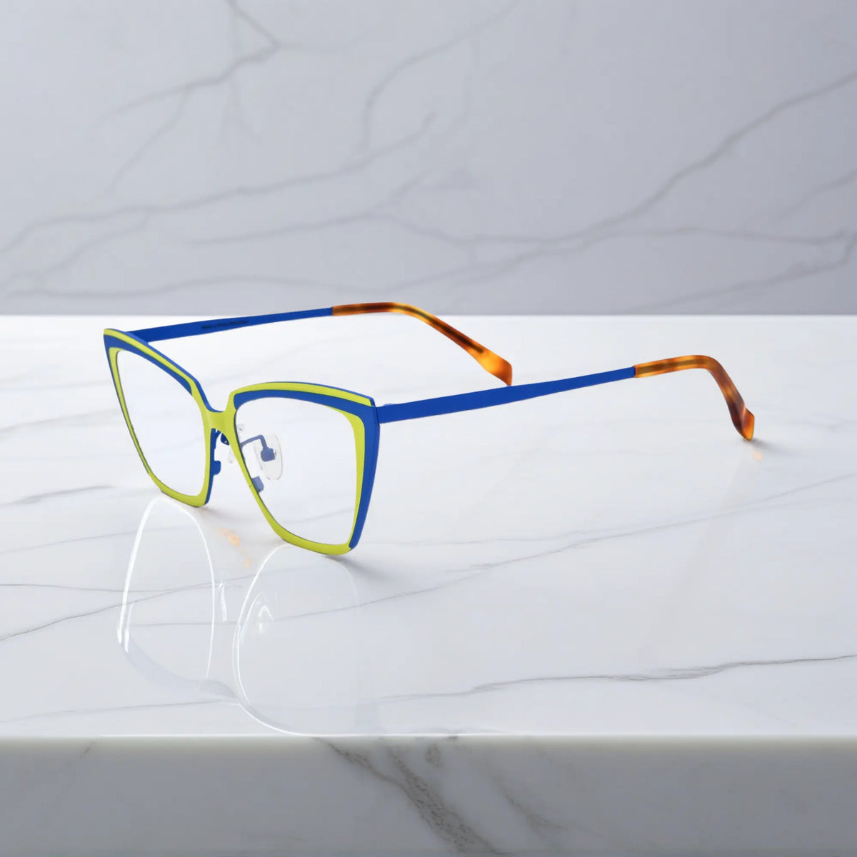 Side profile of yellow-blue VoyueLens VL185809 Solar Azure titanium glasses