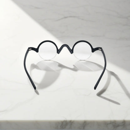 Back view of VoyueLens Solid Black semi-rimless browline eyeglasses showing frame and temple construction.