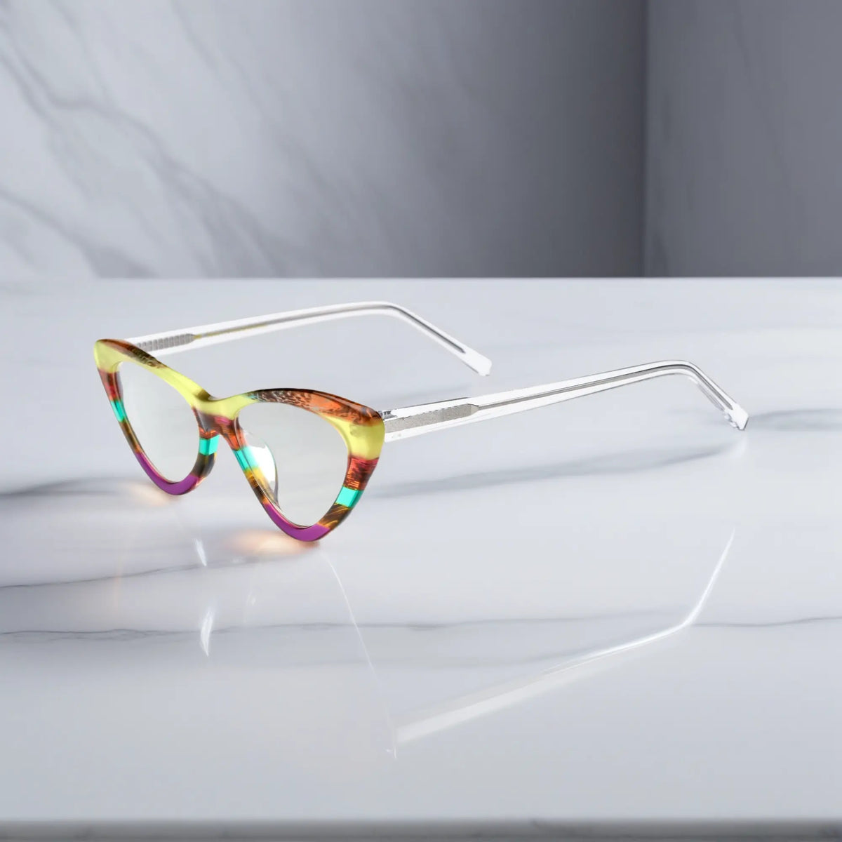 Side view of VoyueLens Sunrise Mirage eyeglasses featuring translucent arms