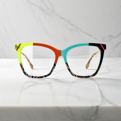 VoyueLens VL19343 Sunset Orange & Teal Mix matte acetate square eyeglasses (unisex) with a modern design and comfortable fit are shown from the front view.