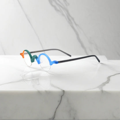 Side profile of VoyueLens Teal-Blue semi-rimless browline eyeglasses crafted with matte acetate.