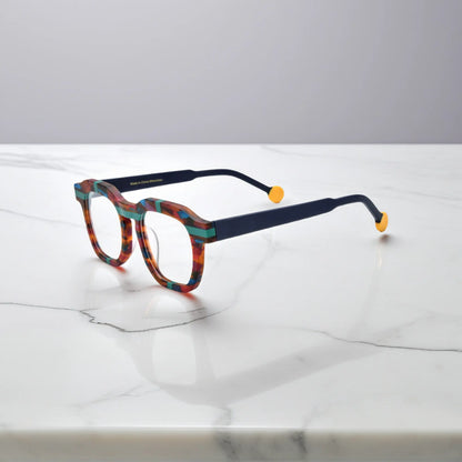 Side view of VoyueLens Tortoiseshell Flash eyeglasses with dark arms and yellow tips