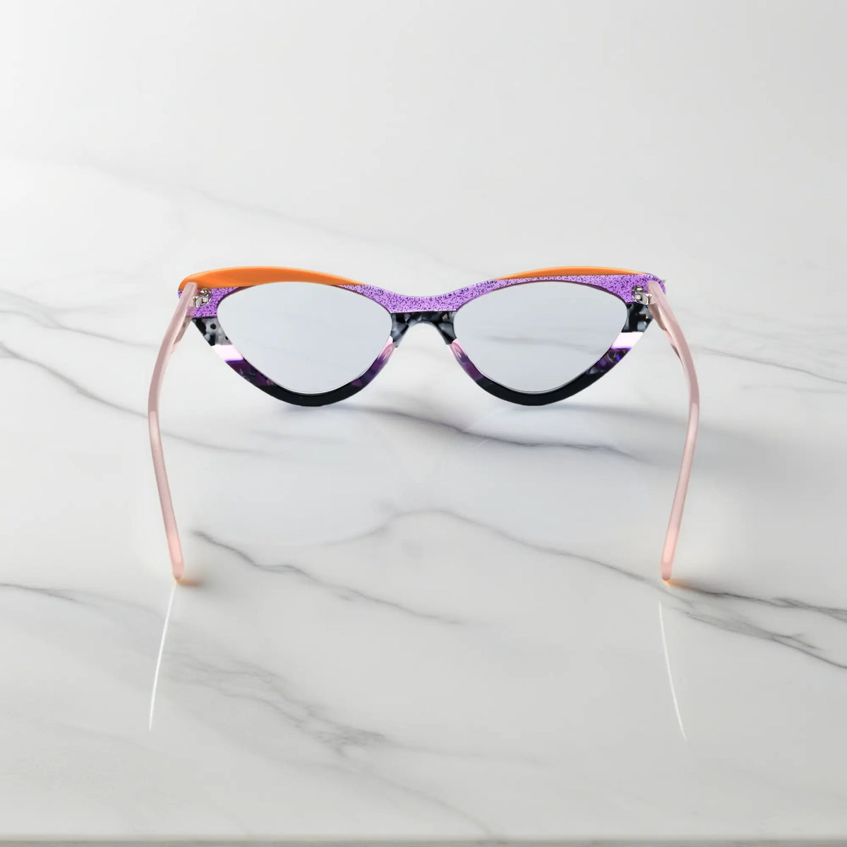 Back view of VoyueLens KaleidoCat Violet Garden glasses with vivid pattern details