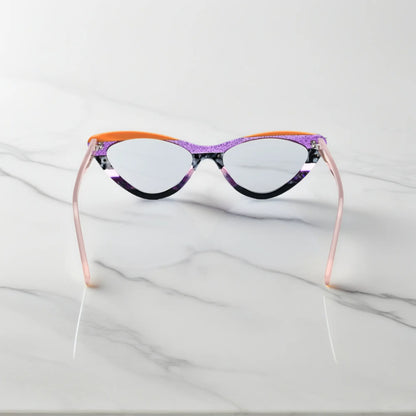 Back view of VoyueLens KaleidoCat Violet Garden glasses with vivid pattern details