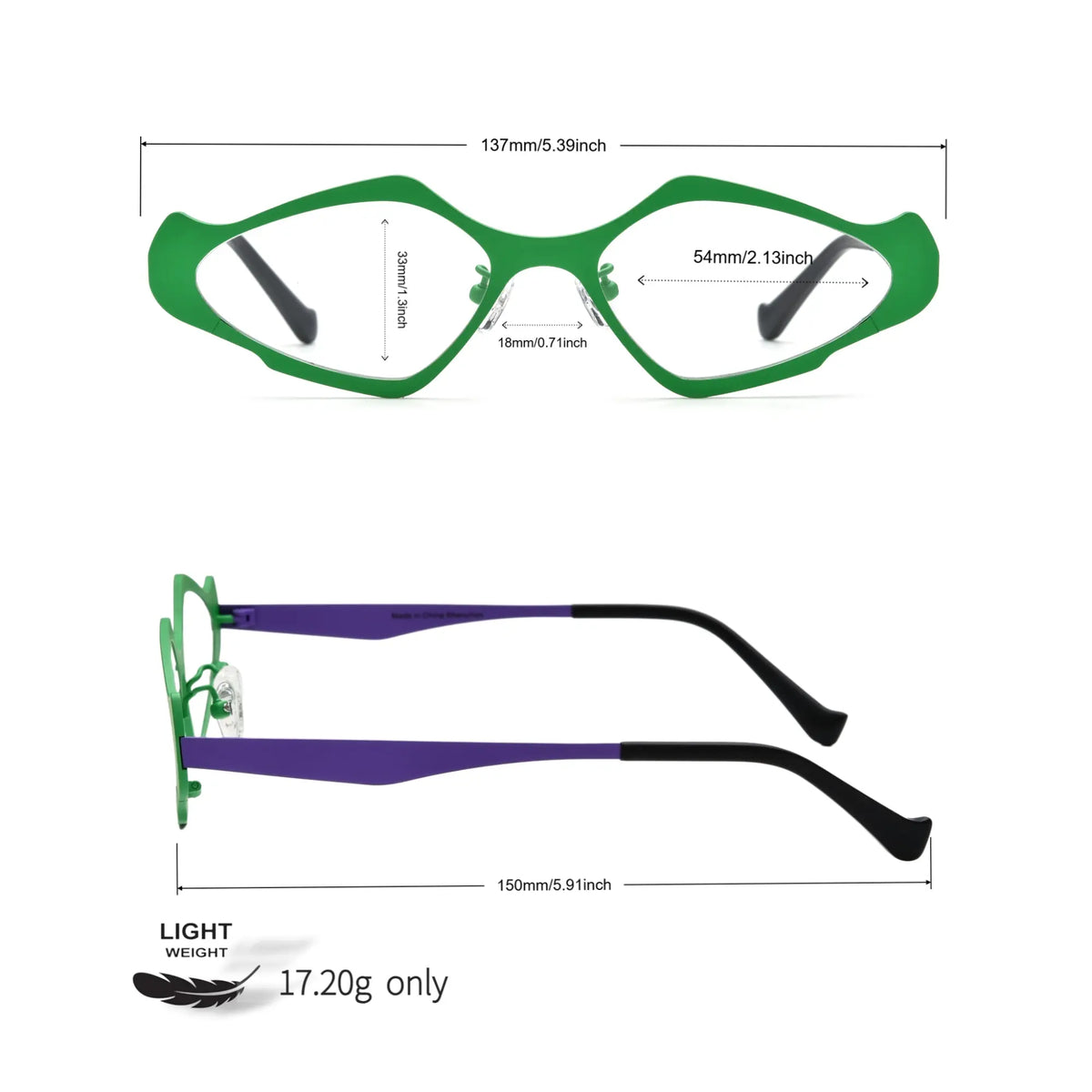 Size chart for VoyueLens VL185811 Violet Green polygon titanium eyeglasses