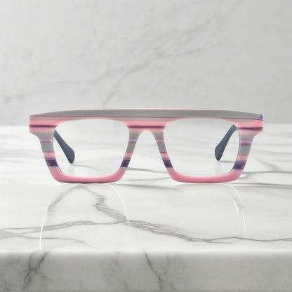 Front-facing view showcasing the bold square frame design of VoyueLens Acetate Square Eyeglasses in Violet Mirage