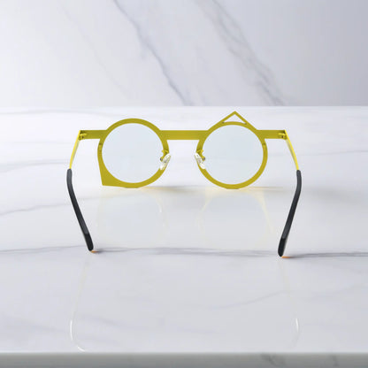 Back view of VoyueLens VL185801 titanium glasses in Violet Mustard, highlighting the sculpted dual-color frame.