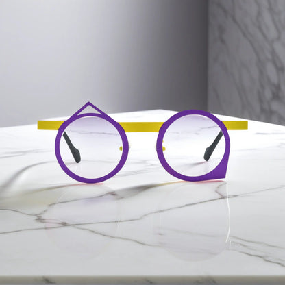 Front view of VoyueLens VL185801 Violet Mustard eyeglasses featuring a unique polygonal frame in purple-yellow titanium.