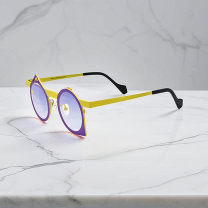 Side view of VoyueLens Violet Mustard VL185801 retro eyeglasses made with lightweight titanium and an abstract design.