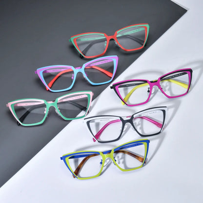 Group shot of VoyueLens VL185809 cat-eye titanium glasses in six dual-tone color options, showcasing bold geometric frames on a black and white background.