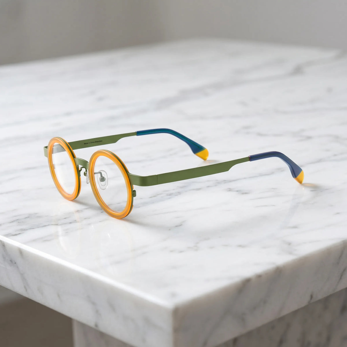 Side view of VL185816 Olive Citrus titanium eyeglasses