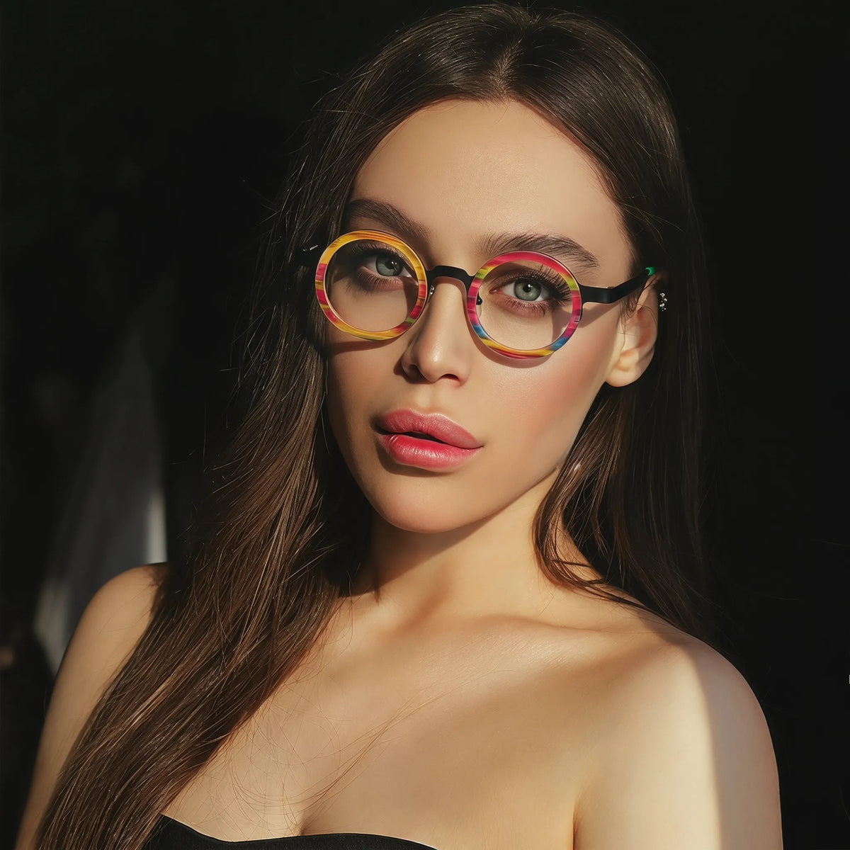 Model wearing Rainbow Stripe titanium eyeglasses