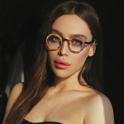 Model wearing Rainbow Stripe titanium eyeglasses