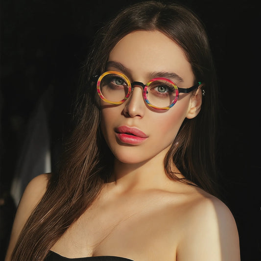 Model wearing Rainbow Stripe titanium eyeglasses