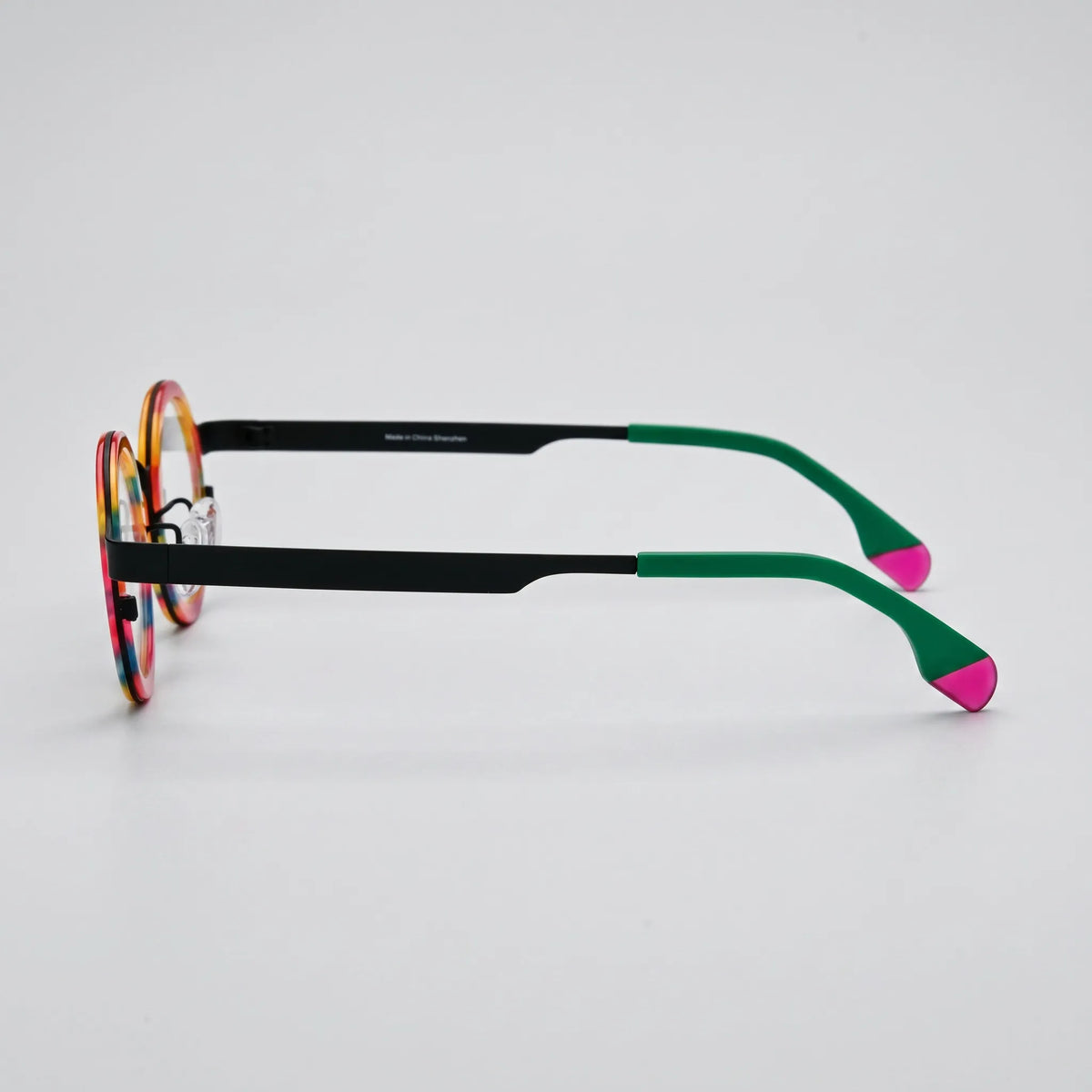 Side view of VL185816 Rainbow Stripe titanium glasses showing temples