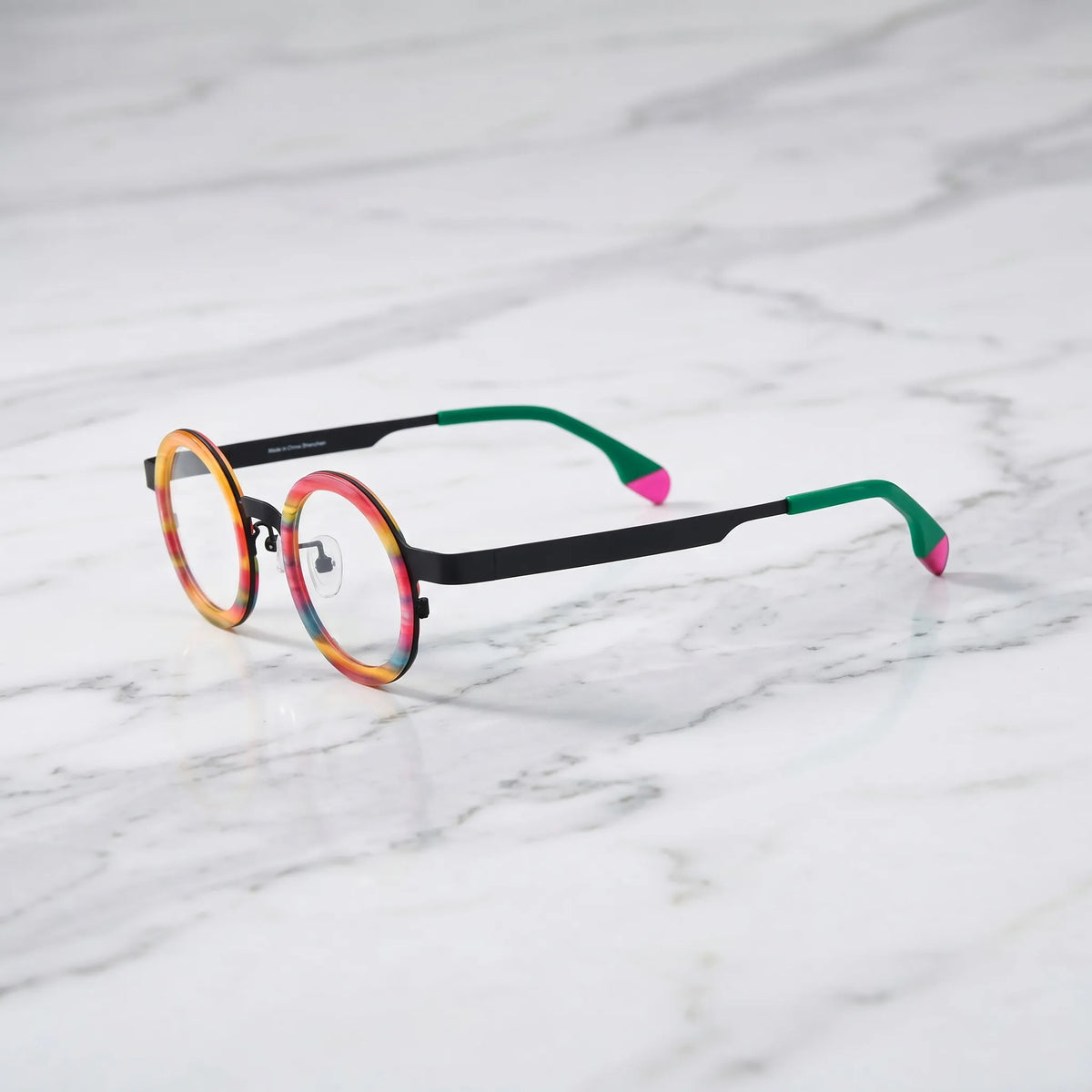 Side view of VL185816 Rainbow Stripe titanium glasses