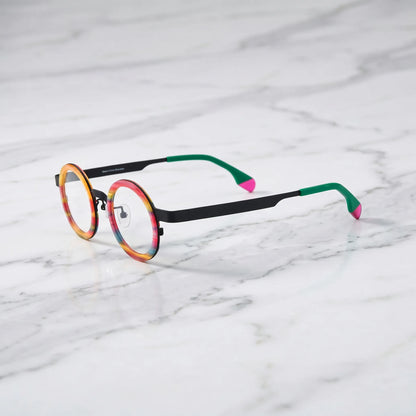 Side view of VL185816 Rainbow Stripe titanium glasses