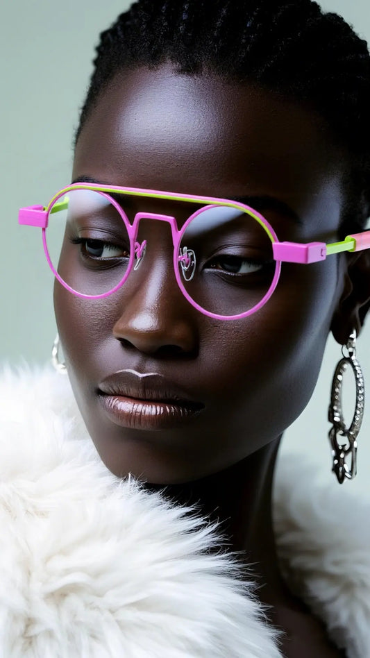 Fashion black model wearing VoyueLens NeoPilot glasses in Candy Lime color-block titanium frame with pink-green tones, part of the NeoPilot series, highlighting style and fit